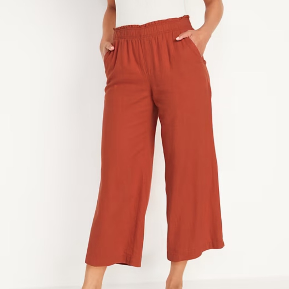 Old Navy PETITE High-Waisted Lettuce-Edge Linen-Blend Culotte Pants